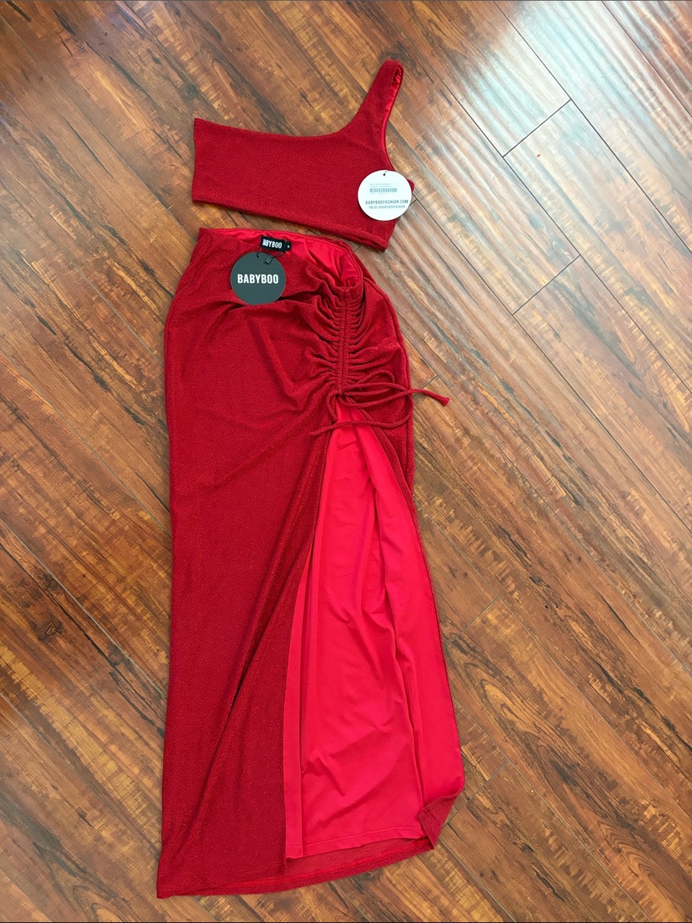 BABYBOO Red One-Shoulder Ruched Maxi Set